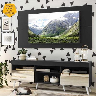 Rack Com Espelho, Pés Retrô E Painel Tv 65'' Com 2 Portas