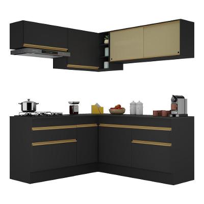 Armário De Cozinha Completa De Canto Com Rodapé Veneza Multimóveis V2097 Preto/dourado Preto/dourado