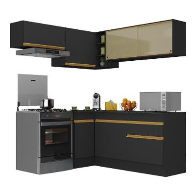 Armário De Cozinha Completa De Canto Com Rodapé Veneza Multimóveis V2094 Preto/dourado Preto/dourado