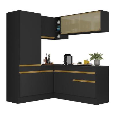 Armário De Cozinha Completa De Canto Com Rodapé Veneza Multimóveis V2088 Preto/dourado Preto/dourado
