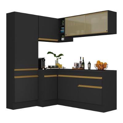 Armário De Cozinha Completa De Canto Com Rodapé Veneza Multimóveis V2089 Preto/dourado Preto/dourado