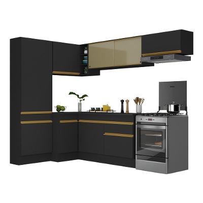 Armário De Cozinha Completa De Canto Com Rodapé Veneza Multimóveis V2087 Preto/dourado Preto/dourado
