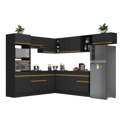 Armário De Cozinha Completa De Canto Com Rodapé Veneza Multimóveis V2083 Preto/dourado Preto/dourado