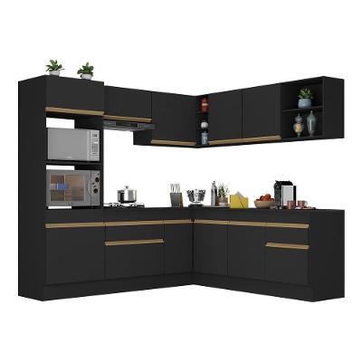 Armário De Cozinha Completa De Canto Com Rodapé Veneza Multimóveis V2080 Preto/dourado Preto/dourado