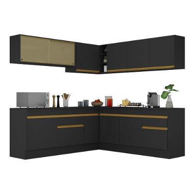 Armário De Cozinha Completa De Canto Com Rodapé Veneza Multimóveis V2096 Preto/dourado Preto/dourado