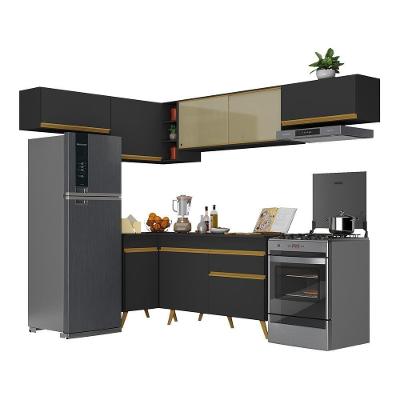 Armário De Cozinha Completa De Canto Veneza Multimóveis V2060 Preto/dourado Preto/dourado
