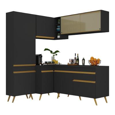 Armário De Cozinha Completa De Canto Veneza Multimóveis V2054 Preto/dourado Preto/dourado