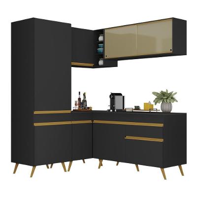 Armário De Cozinha Completa De Canto Veneza Multimóveis V2053 Preto/dourado Preto/dourado