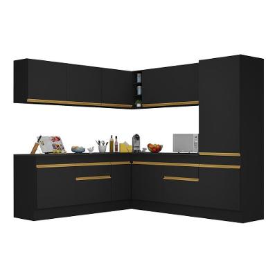 Armário De Cozinha Completa De Canto Com Rodapé Veneza Multimóveis V2101 Preto/dourado Preto/dourado
