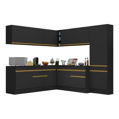 Armário De Cozinha Completa De Canto Com Rodapé Veneza Multimóveis V2102 Preto/dourado Preto/dourado