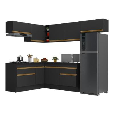 Armário De Cozinha Completa De Canto Com Rodapé Veneza Multimóveis V2104 Preto/dourado Preto/dourado