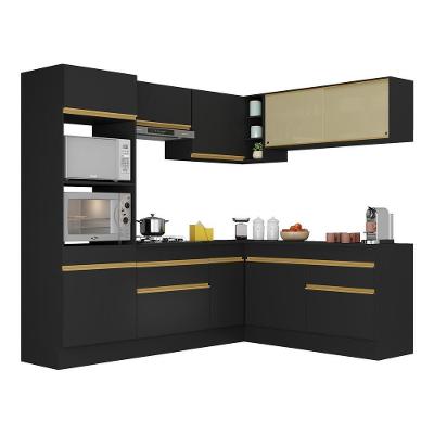 Armário De Cozinha Completa De Canto Com Rodapé Veneza Multimóveis V2099 Preto/dourado Preto/dourado
