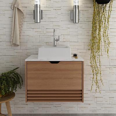 Gabinete Banheiro 60Cm Amêndoa/Mármore Branco