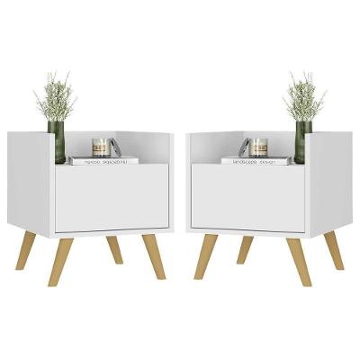 Kit Com 2 Mesas De Cabeceira 40Cm Retrô Multimóveis V4044 Branca/Natural Branco/Natural