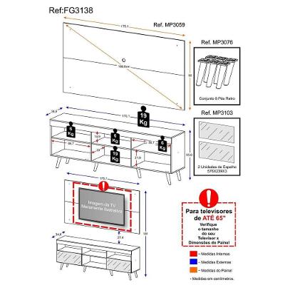 Rack Com Painel Retrô Com Espelho Para Tv Até 65´´ Flórida Fg3138 Madeirado/preto