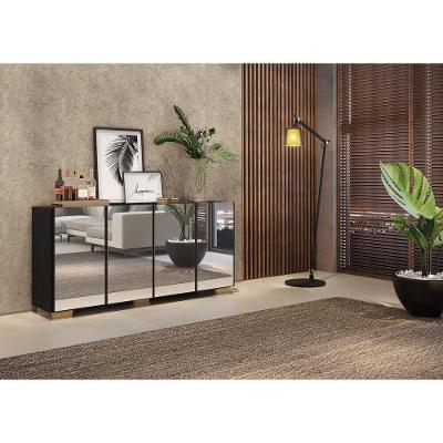 Aparador Buffet 4 Portas Com Espelho E Pés Quadrados Multimóveis V3560 Preto/natural Preto/natural