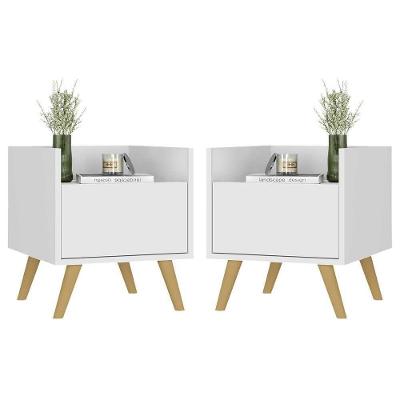 Kit Com 2 Mesas De Cabeceira 40 Cm Com Pés Retrô Multimóveis Mp4044 Branca/Natural