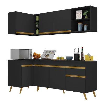 Armário De Cozinha Compacta De Canto Veneza Multimóveis V2058 Preto/dourado Preto/dourado