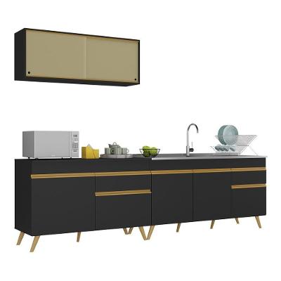 Armário De Cozinha Compacta 270cm Veneza Multimóveis V2077 Preto/dourado Preto/dourado