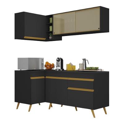 Armário De Cozinha Compacta De Canto Veneza Multimóveis V2056 Preto/dourado Preto/dourado