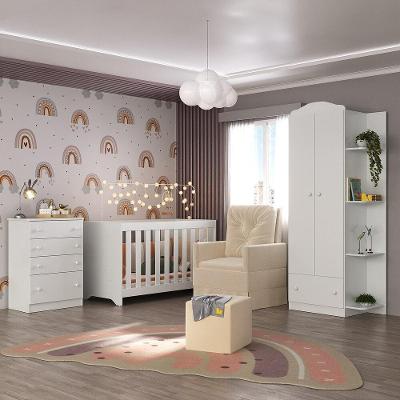 Quarto Completo Com Colchão, Poltrona Amamentação/Puff João E Maria Mp4104 Branco/Bege Branco/Bege