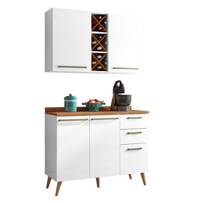 Armário De Cozinha Compacta 4 Portas 3 Gavetas Com Adega 1,20m Favorita Branco / Natura Branco Nature