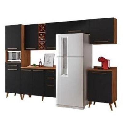 Armário De Cozinha Completa Com Adega 9 Portas 4 Gavetas Favorita Natura / Preto Preto e