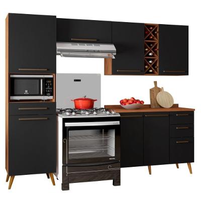Armário De Cozinha Completa Com Adega 7 Portas 4 Gavetas Favorita Preto/nature Preto Naturale