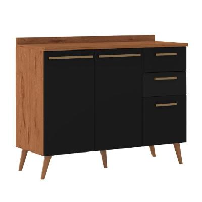 Balcão De Cozinha 2 Portas E 3 Gavetas Com Tampo 1,20m Favorita Natura / Preto Preto Naturale