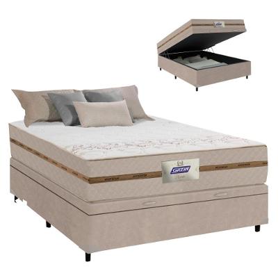Cama Box Baú Casal Colchão Molas Flora Bege 138x188x61cm Marrom