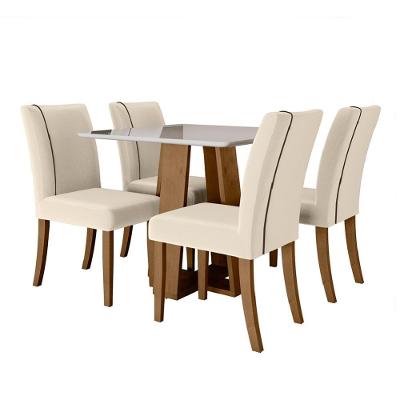 Conjunto De Mesa Sala De Jantar Atenas Com 4 Cadeiras Carvalho/off White/bege 0,90m Quadrada Dobuê Off White