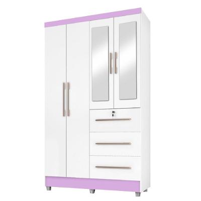 Guarda Roupas Solteiro Com Espelho 4 Portas 3 Gavetas Com Pés Tokio Branco / Branco Lilás Flex Branco
