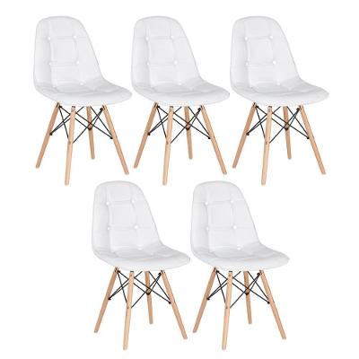 Kit - 5 X Cadeiras Estofadas Eames Eiffel Botonê - Base De Madeira Clara - Branco