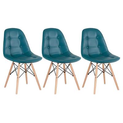 Kit - 3 X Cadeiras Estofadas Eames Eiffel Botonê - Base De Madeira Clara - Turquesa