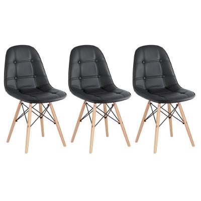 Kit - 3 X Cadeiras Estofadas Eames Eiffel Botonê - Base De Madeira Clara - Preto