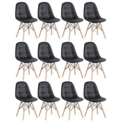 Kit - 12 X Cadeiras Estofadas Eames Eiffel Botonê - Base De Madeira Clara - Preto