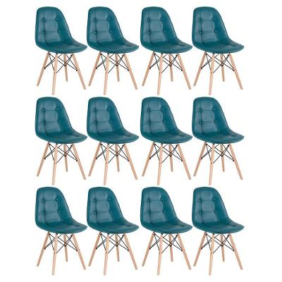 Kit - 12 X Cadeiras Estofadas Eames Eiffel Botonê - Base De Madeira Clara - Turquesa
