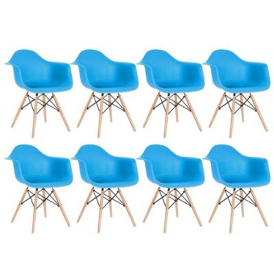 Kit 8 Cadeiras Charles Eames Eiffel Daw Com Braços E Pés De Madeira Clara Azul Céu