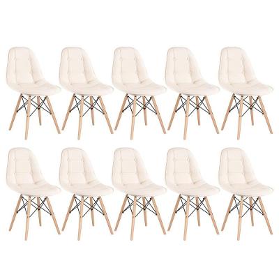 Kit - 10 X Cadeiras Estofadas Eames Eiffel Botonê - Base De Madeira Clara - Creme