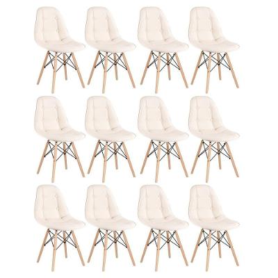 Kit - 12 X Cadeiras Estofadas Eames Eiffel Botonê - Base De Madeira Clara - Creme