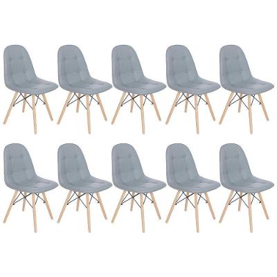 Kit 10 Cadeiras Estofadas Charles Eames Eiffel Botonê Com Pés De Madeira Clara Cinza Médio