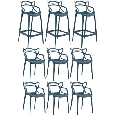 Kit 6 Cadeiras + 3 Banquetas Altas Masters Azul Petróleo