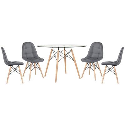 Mesa Eames Com Tampo De Vidro 120 Cm + 4 Cadeiras Estofadas Eiffel Botonê Cinza Escuro Cinza-escuro