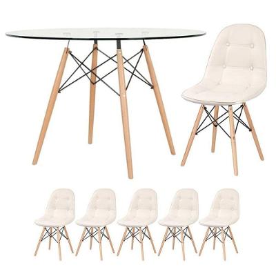 Mesa Eames Com Tampo De Vidro 120 Cm + 5 Cadeiras Estofadas Eiffel Botonê Creme