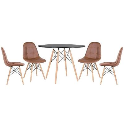 Mesa Redonda Eames 100 Cm Preto + 4 Cadeiras Estofadas Eiffel Botonê Marrom Marrom