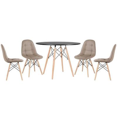 Mesa Redonda Eames 100 Cm Preto + 4 Cadeiras Estofadas Eiffel Botonê Nude Nude