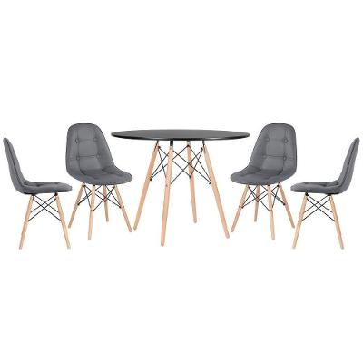 Mesa Redonda Eames 100 Cm Preto + 4 Cadeiras Estofadas Eiffel Botonê Cinza Escuro Cinza Escuro