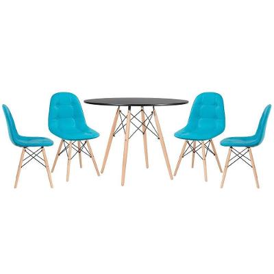 Mesa Redonda Eames 100 Cm Preto + 4 Cadeiras Estofadas Eiffel Botonê Azul Tiffany Azul Tiffany