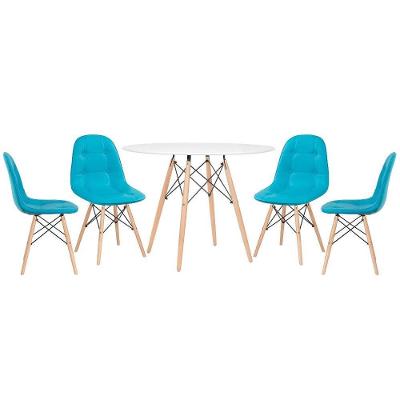 Mesa Redonda Eames 100 Cm Branco + 4 Cadeiras Estofadas Eiffel Botonê Azul Tiffany Azul Tiffany