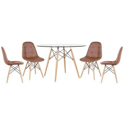 Mesa Eames Com Tampo De Vidro 120 Cm + 4 Cadeiras Estofadas Eiffel Botonê Marrom Marrom